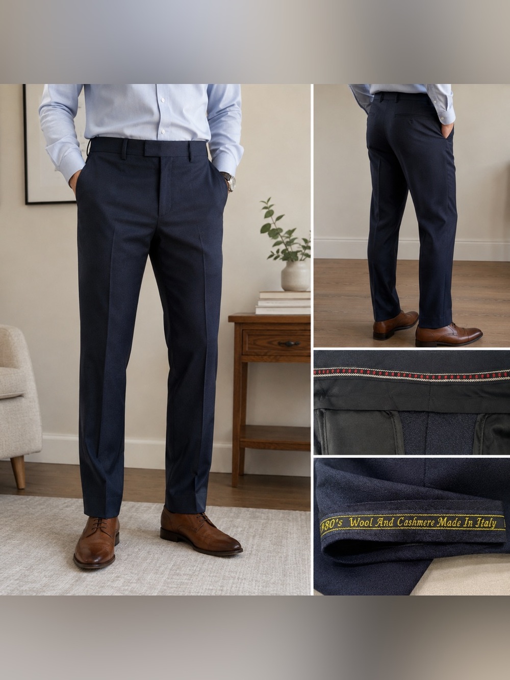 Custom Tailored Men’s Wool Cashmere Dress Pants Navy 34x30 Italy Fabric